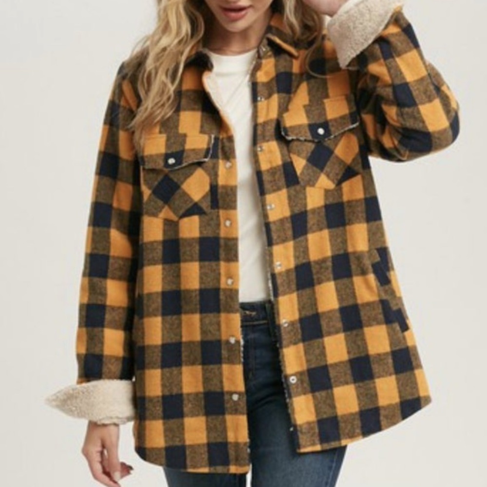 Mustard/Navy Sherpa Shacket